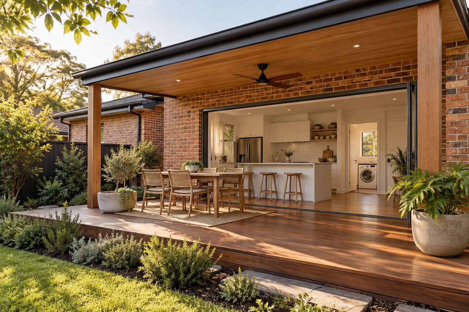 Illustrative renovated brick home with a timber deck and open kitchen doorway
