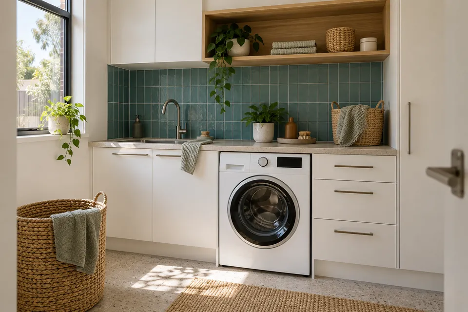 Illustrative compact laundry with storage cabinetry, a benchtop and a front-loading washing machine
