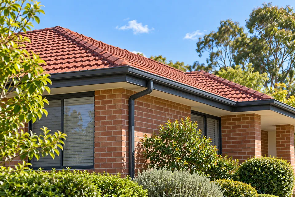 Illustrative roof edge with charcoal gutters and a downpipe on a brick house